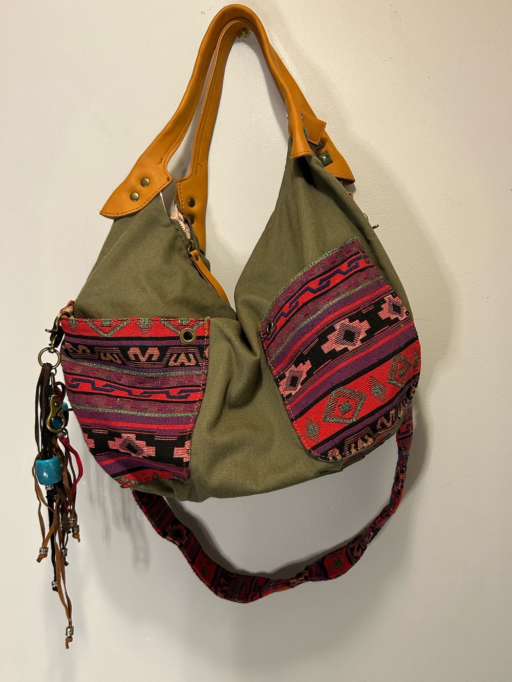 Vintage Lucky Brand Boho Olive Canvas Bag with multicolor Aztec Inspired Trim